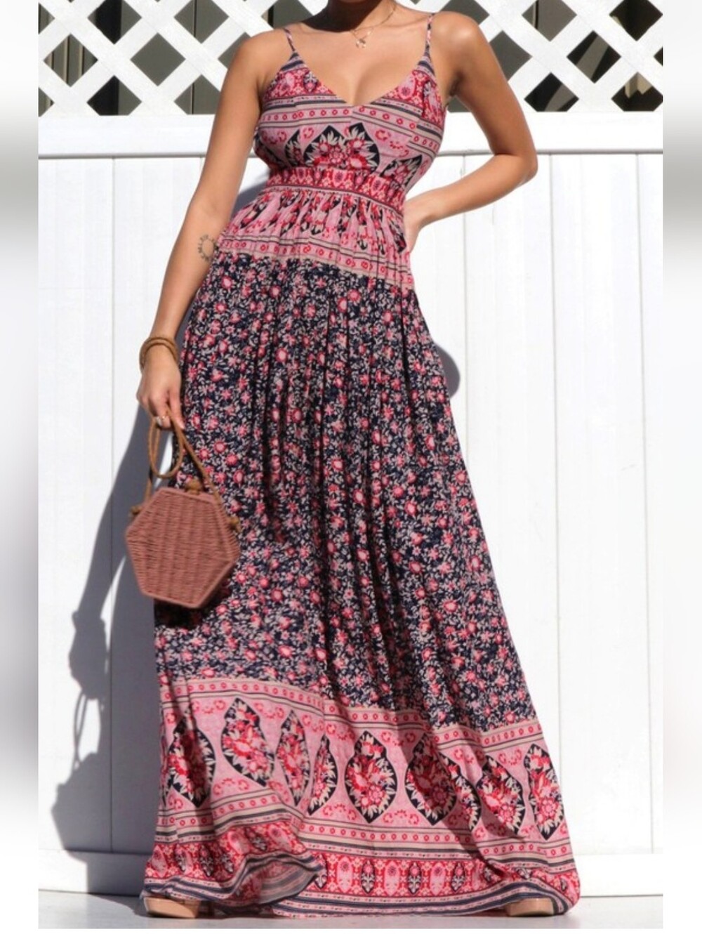 Boho Floral Rayon Maxi Dress Adjustable Spaghetti Straps in Navy & Pink  NWT
